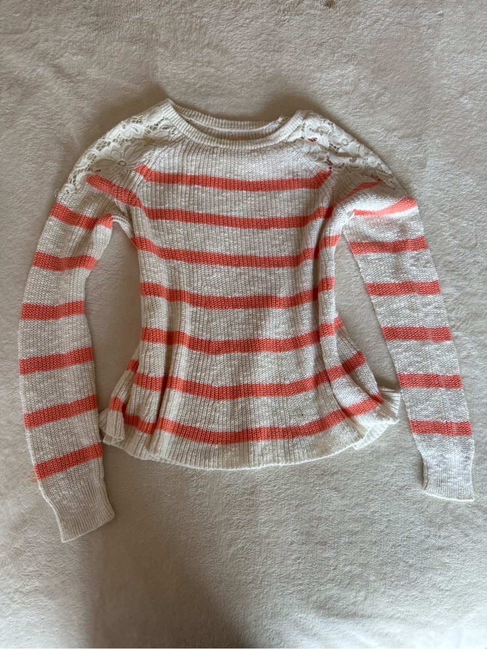 Hollister White & Coral Striped Lace-Shoulder Crewneck Sweater